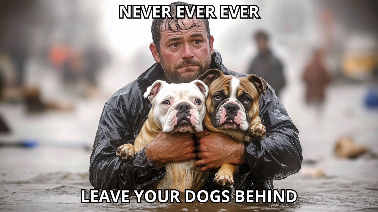 A determined man carries two Bulldogs through rising floodwaters, holding them securely in his arms while navigating a disaster-stricken environment. The man's expression reflects concern and exhaustion, but his grip on the dogs is firm and protective.