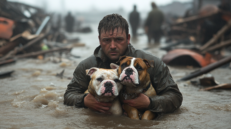 A determined man rescues two Bulldogs from floodwaters, holding them tightly while wading through rising water amidst debris and destruction. His face reflects exhaustion and resolve as he navigates through the dangerous environment.